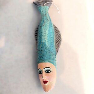 Felipe Horta Purepecha Mexico Hand Carved Wood Fish Woman's Face Figure Folk Art
